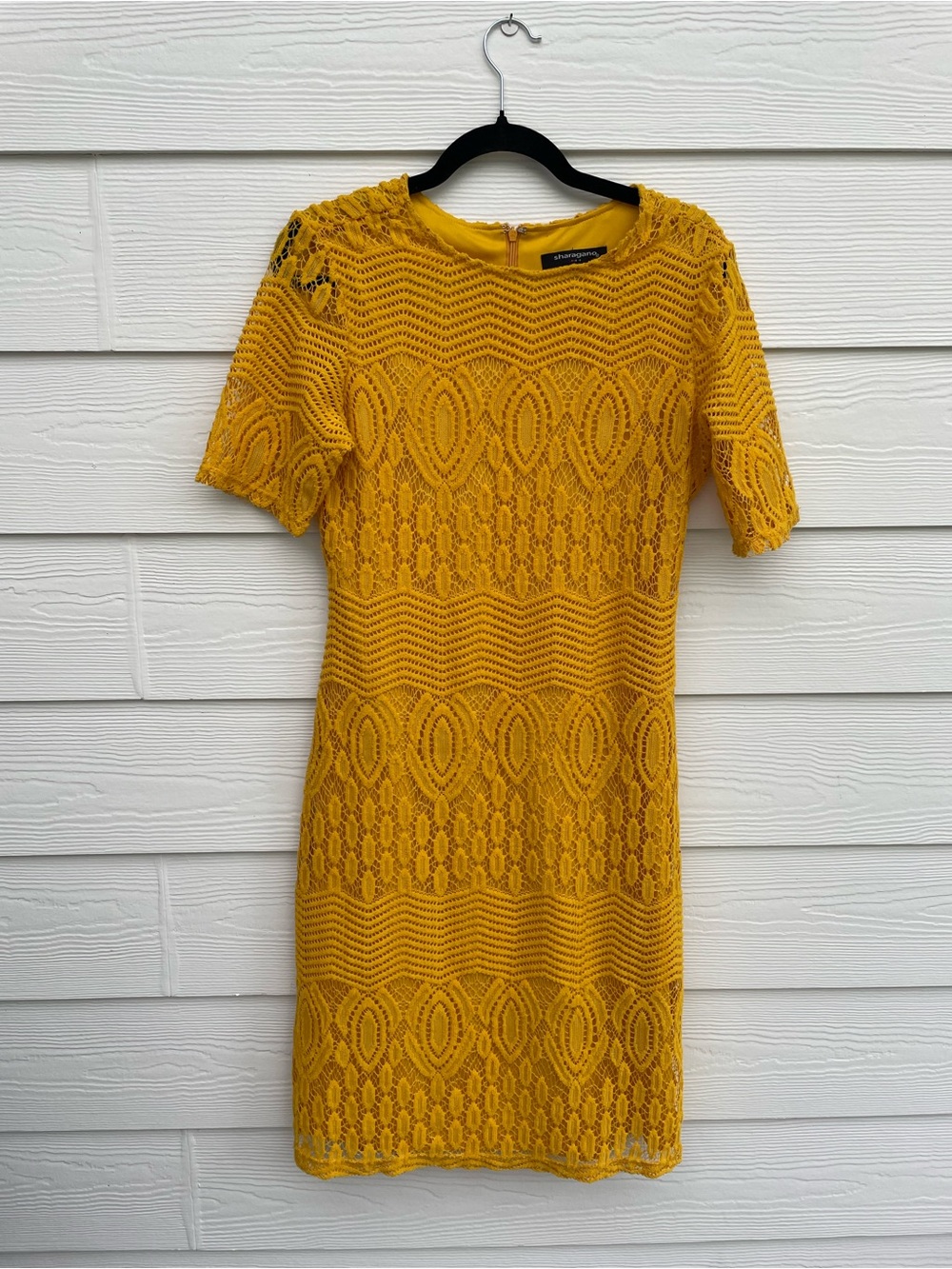 Sharagano Mustard Lace Short Sleeve Sheath Dress